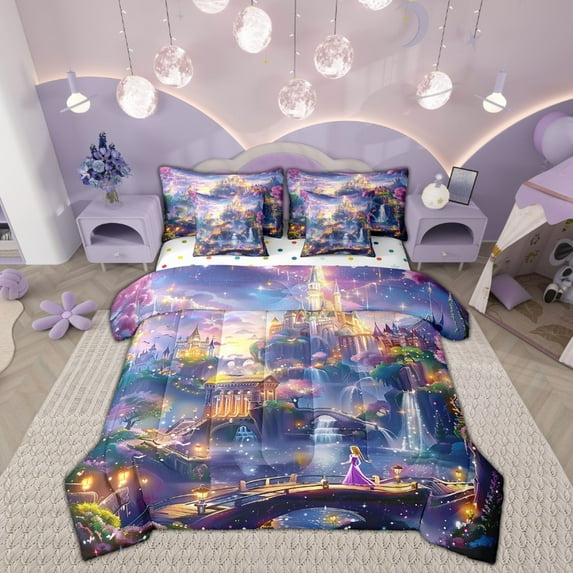 Feelyou Dreamy Glitter Castle Twin Bedding Sets 7-Piece, Fairy Princess Bedding Comforter Set, Magic Waterfall Sheet Sets, Ultra Soft Room Decor