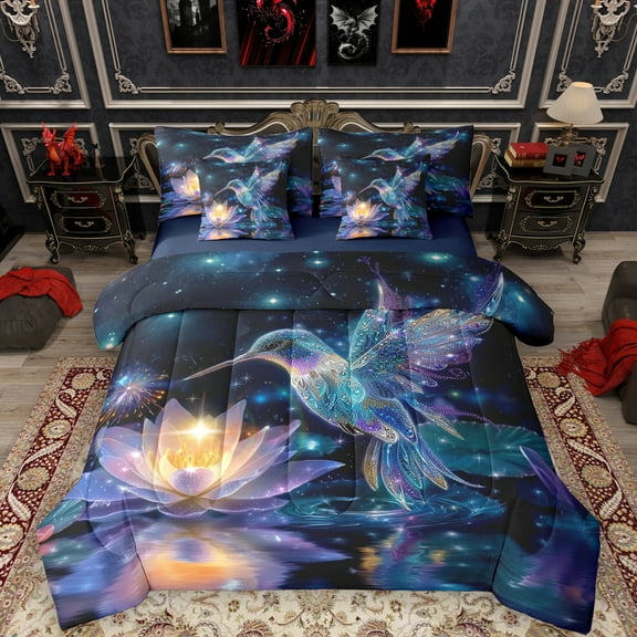 Manfei Dreamy Glitter Hummingbird 7-Piece Twin Bedding Sets, Bling Lotus Bedding Comforter Set, Stars Starry Sky Reversible Sheet Sets, Lightweight Room Decor