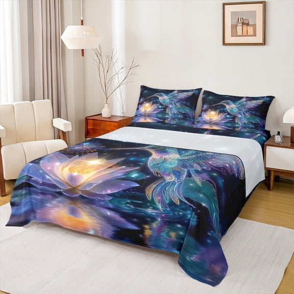 Manfei Dreamy Glitter Hummingbird Queen Sheet Sets, Bling Lotus Flat Sheet, Stars Starry Sky Queen Fitted Sheet, Lightweight Room Decor, 4 Pieces