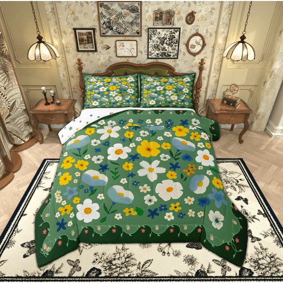 Manfei Dreamy Green Flower Bedding Comforter Set, Cartoon Rustic Floral Twin Comforter Sets, Teens Boys Girls Kids Reversible Bedding Set, Ultra Soft Home Decor, 2-Piece