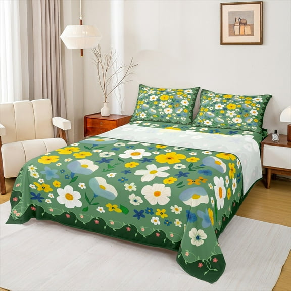 Manfei Dreamy Green Flower Twin Sheet Sets, Cartoon Rustic Floral Twin Fitted Sheet, Teens Boys Girls Kids Flat Sheet, Ultra Soft Home Decor, 3-Piece