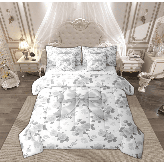 Manfei Dreamy Grey Bowknot Bedding Comforter Set 7 Pieces, Vintage Rustic Flower Full Bedding Set, Teens Kids Child Reversible Fitted Sheet Flat Sheet, Super Cozy Room Decor