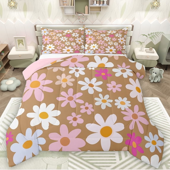 Manfei Dreamy Groovy Flower Full Size Comforter Sets for Kids, Rustic Daisy Floral Bedding Comforter Set, Brown Cartoon Theme Reversible Bedding Sets, Luxury Bedroom Decor, 3 Pieces