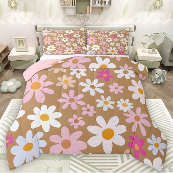 Manfei Dreamy Groovy Flower Queen Comforter Set for Kids, Rustic Daisy Floral Bedding Sets, Brown Cartoon Theme Reversible Bedding Comforter Set, Luxury Bedroom Decor, 3 Pieces