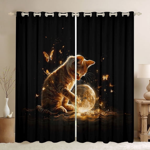 Manfei Dreamy Kitten Blackout Curtains, Neon Butterfly Planet Window Curtains Pack of 2 (38x45 Each), Black Golden