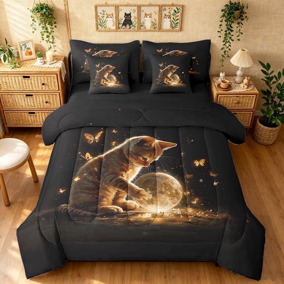 Manfei Dreamy Kitten Full Size Bedding Sets, Neon Butterfly Planet Full Size Bed in a Bag, Black Golden, Black Reversible, 7-Piece