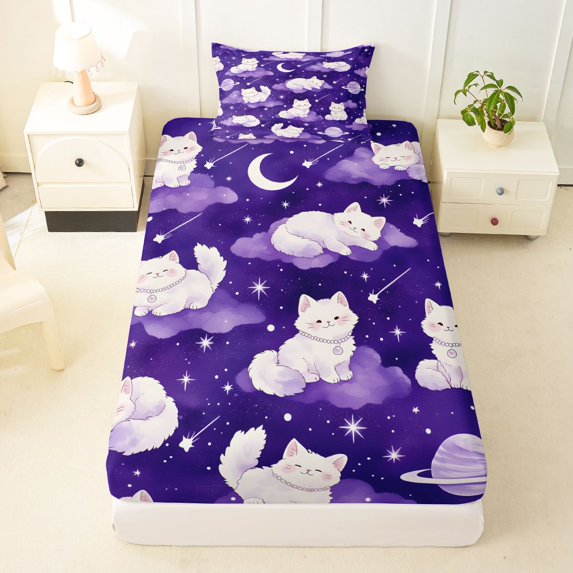 Manfei Dreamy Kitten Pet Twin Fitted Sheet, Mystic Constellation Bedding, Dark Purple, 2pcs, 1 Fitted Sheet and 1 Pillowcase