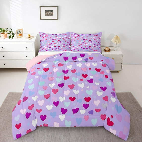 Manfei Dreamy Love Heart Full Size Comforter Sets for Kids, Purple Bedding Comforter Set, Cartoon Princess Theme Reversible Bedding Sets, Breathable Home Decor, 3pcs