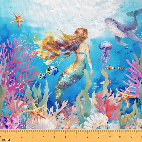 Manfei Dreamy Mermaid Fabric by the Yard (2 Yards), Ocean Sea Princess Decorative Fabric by the Yard for Girls, Whale Coral Jellyfish Starfish Sewing & Crafting Fabric