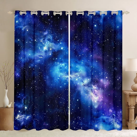 Manfei Dreamy Nebula Galaxy Kitchen Curtains,Celestial Sparkling Stars Print Black Out Curtains Pack of 2 (42x63 Each)