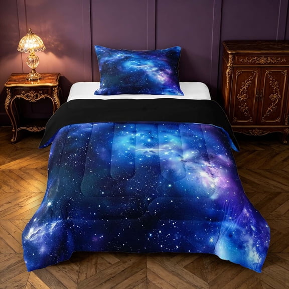Manfei Dreamy Nebula Galaxy Twin Comforter Sets,Celestial Sparkling Stars Print Bedding Set,Black Reversible,2 Pieces,1 Comforter and 1 Pillowcase
