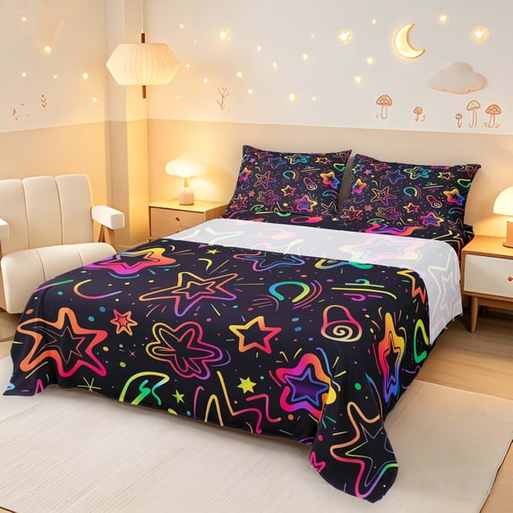 Manfei Dreamy Neon Glowing Stars Bed Sheets,Galaxy Theme Full Size Sheets,Black,4 Pieces,1 Flat Sheet,1 Fitted Sheet and 2 Pillowcases