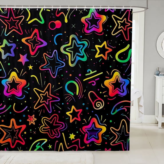 Manfei Dreamy Neon Glowing Stars Shower Curtain 72Wx84L,Galaxy Theme Bathroom Shower Curtain,Black