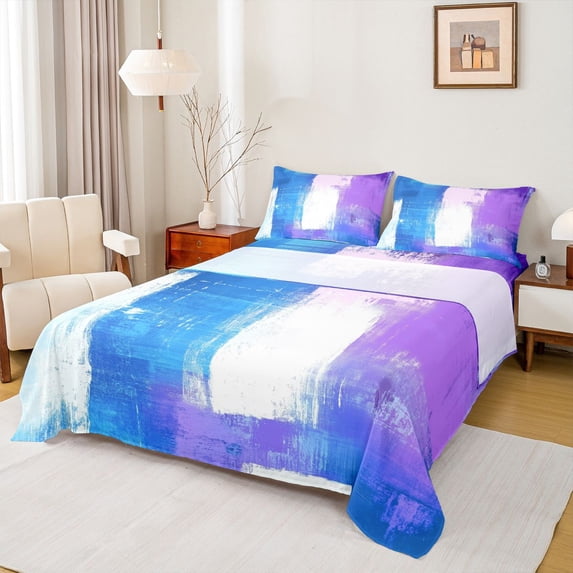 Homewish Dreamy Oil Printing Twin Sheet Sets for Teens, Blue Purple Abstract Twin Fitted Sheet, Art Watercolor Flat Sheet, Luxury Bedroom Decor, 3pcs