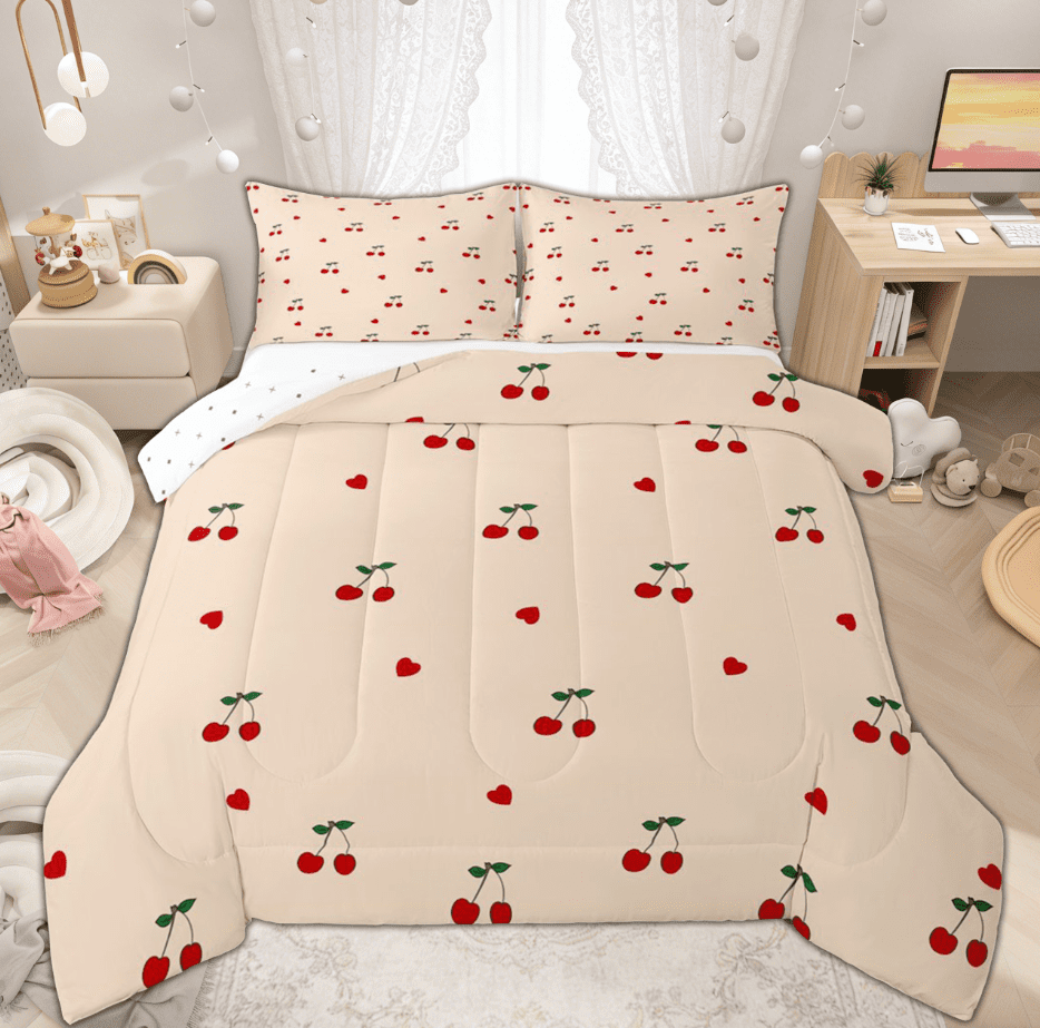 Manfei Kawaii Orange Cartoon Cherry Queen Comforter Set for Kids Girls, Cute Love Heart Bedding Sets, Reversible, 3-Piece