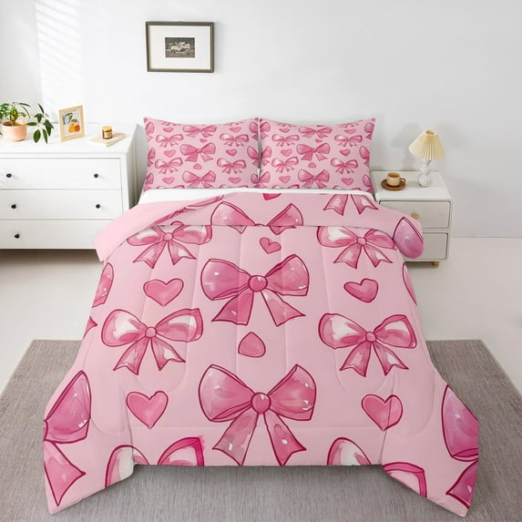 Manfei Dreamy Pink Bow Bedding Comforter Set,Lovely Bow Tie Twin Comforter Sets,Pink 3D Loves Bedding Set For Children,Breathable Home Decor Reversible,2pcs