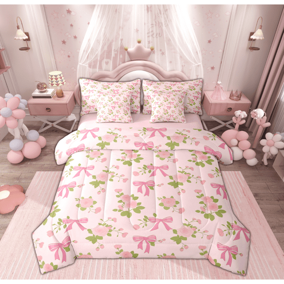 Manfei Dreamy Pink Bowknot Bedding Comforter Set 7-Piece, Vintage Rustic Rose Flower King Bedding Sets, Teens Kids Child Reversible Bed Sheets, Breathable Home Decor