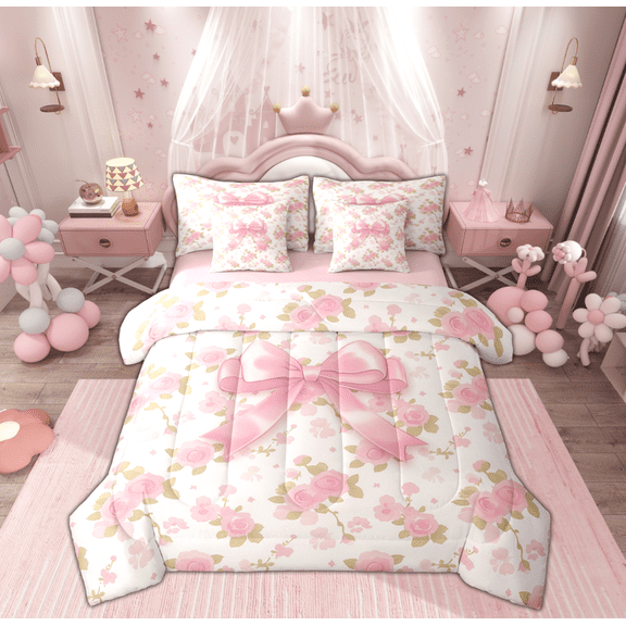 Manfei Dreamy Pink Bowknot Twin Bedding Sets 7-Piece, Vintage Rustic Flower Bedding Comforter Set, Teens Kids Child Reversible Sheet Sets, Lightweight Room Decor