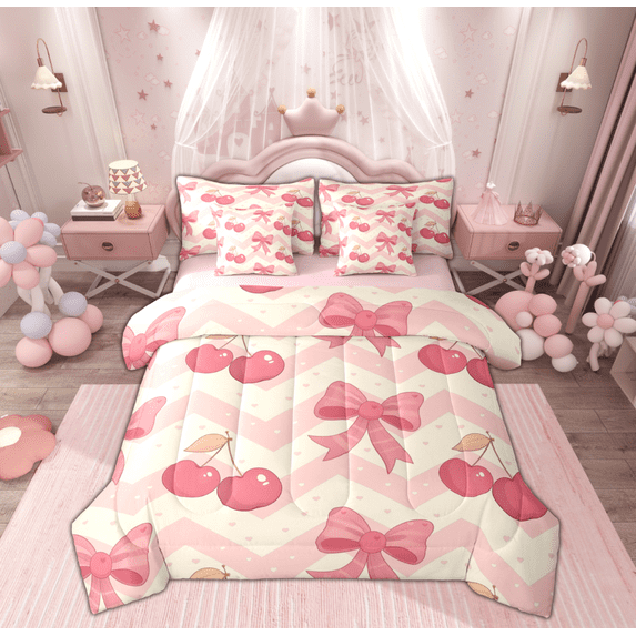 Manfei Dreamy Pink Bowknot Twin Bedding Sets 7-Piece, Vintage Rustic Flower Bedding Comforter Set, Teens Kids Child Reversible Sheet Sets, Super Cozy Room Decor