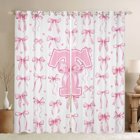 Manfei Dreamy Pink Bowtie Curtains Pack of 2 (42x84 Each) For Girls,Aesthetic Letter T Alphabet Initial Curtains Blackout For Kids