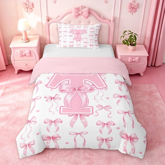 Manfei Dreamy Pink Bowtie Twin Bedding For Girls,Aesthetic Letter T Alphabet Initial Duvet Cover Set For Kids,Pink Reversible,2pcs(No Comforter)