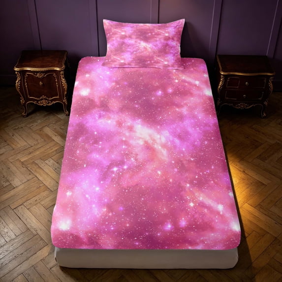 Manfei Dreamy Pink Galaxy Fitted Sheet Full,Celestial Starry Bed Set,3pcs