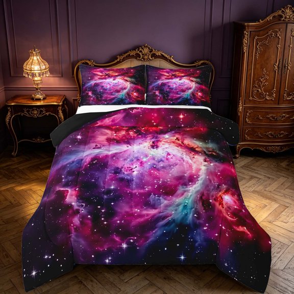 Manfei Dreamy Pink Nebula Full Size Comforter Sets,Celestial Stars Bedding Comforter Set,Black Reversible,3-Piece,1 Comforter and 2 Pillowcases