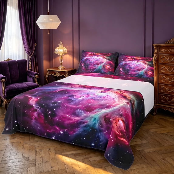 Manfei Dreamy Pink Nebula King Sheets,Celestial Stars Bedding,4pcs,1 Flat Sheet,1 Fitted Sheet and 2 Pillowcases