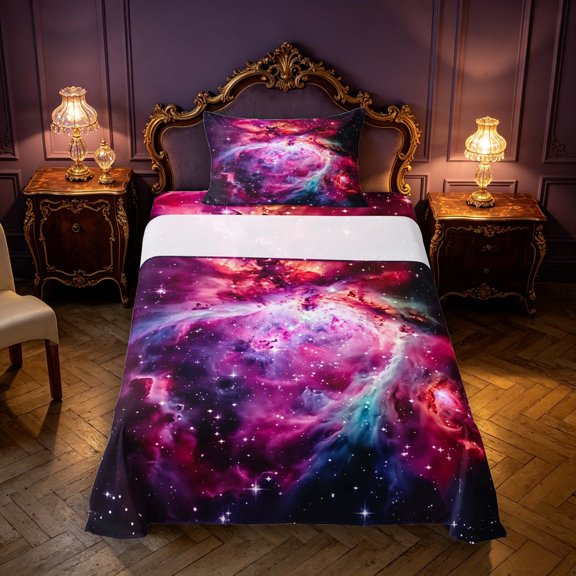 Manfei Dreamy Pink Nebula Twin Sheets,Celestial Stars Bedding,3pcs,1 Flat Sheet,1 Fitted Sheet and 1 Pillowcase