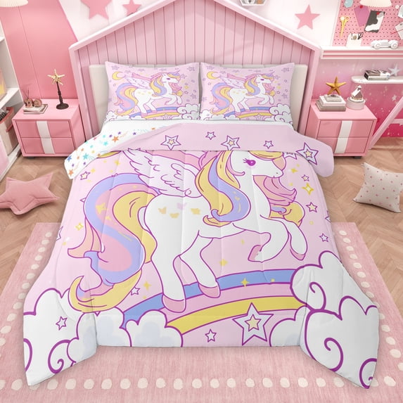 Manfei Dreamy Pink Unicorn Full Size Comforter Sets, Cartoon Cloud Stars Print Bedding Comforter Set, Fairy Tale Animal Reversible Bedding Sets, Breathable Home Decor, 3-Piece
