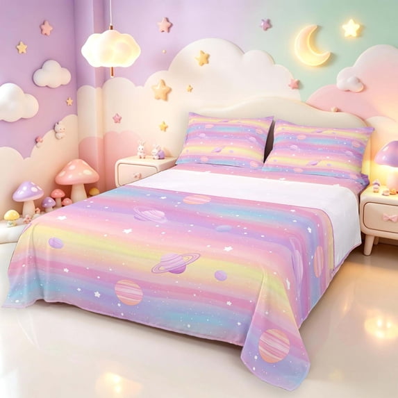 Manfei Dreamy Planets Queen Sheets,Rainbow Gradient Queen Sheet Sets,Pink Yellow,4-Piece,1 Flat Sheet,1 Fitted Sheet and 2 Pillowcases