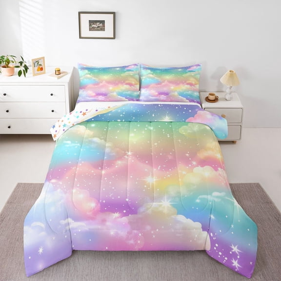 Manfei Dreamy Princess Bedding Comforter Set 2pcs for Kids Teens,Starry Sky Twin Comforter Sets Microfiber,Gradient Ombre Breathable Bedding Set,Lightweight Room Decor,Reversible