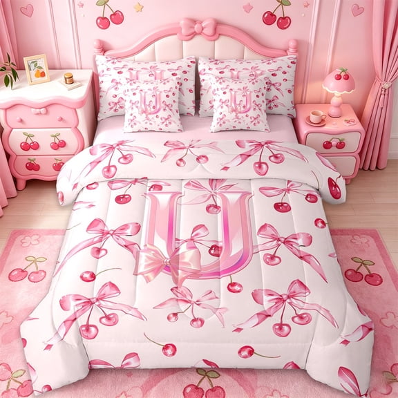 Manfei Dreamy Princess Bow 7-Piece Twin Bedding Sets For Girls,Cartoon 3D Cherry Print Letter U Initial Bedding Comforter Set For Kids,Pink Reversible