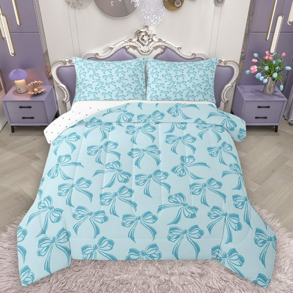 Homewish Dreamy Princess Bow Bedding Comforter Set, Cartoon Blue Ribbon Bowknot Twin Comforter Sets, Teens Kids Boys Girls Reversible Bedding Set, Super Cozy Room Decor, 2-Piece
