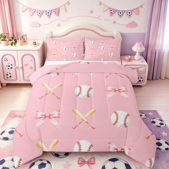 Manfei Dreamy Princess Bow Full Size Comforter Sets,Baseball Ball Games Bedding Comforter Set,Pink Reversible,3-Piece,1 Comforter and 2 Pillowcases