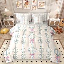 Manfei Dreamy Princess Bowknot 7-Piece Twin Bedding Sets, Rustic Flower Plant Bedding Comforter Set, Vintage French Style Reversible Sheet Sets, Luxury Bedroom Decor