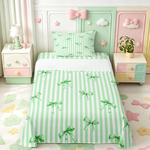 Manfei Dreamy Princess Bowknot Twin Sheets,Cute Green Bow Bedding,3 Pieces,1 Flat Sheet,1 Fitted Sheet and 1 Pillowcase
