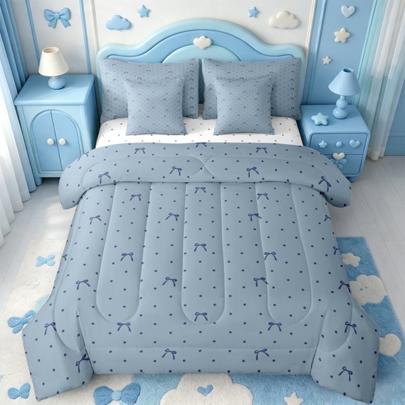 Manfei Dreamy Princess Bows 7pcs Queen Bedding,Cartoon Bowtie Ribbon Bedding Comforter Set Queen,Reversible