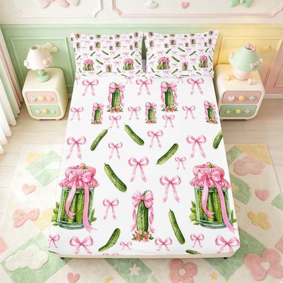 Manfei Dreamy Princess Bows Fitted Sheet Full,Cartoon Vegetable Pattern Bed Set,3-Piece,1 Fitted Sheet and 2 Pillowcases
