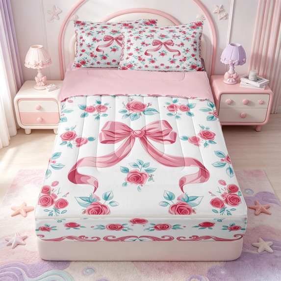 Manfei Dreamy Princess Bows Zipper Twin Comforter Sets with Fitted Sheet and 2 Pillowcases,Pink Bowknot Ribbon Zipper Bedding Set,Pink Reversible,4 Pieces
