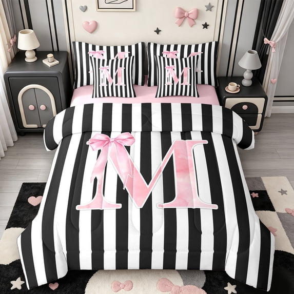 Manfei Dreamy Princess Bowtie 7-Piece King Bedding,Initial Letter M Design King Bed in a Bag,Pink Reversible