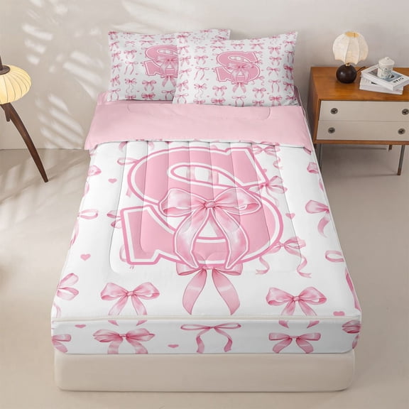 Manfei Dreamy Princess Bowtie Zipper Full Size Comforter Sets with Fitted Sheet and 2 Pillowcases For Girl,Letter S Initial Lettering Zipper Bedding Set For Kids,Pink Reversible,4-Piece
