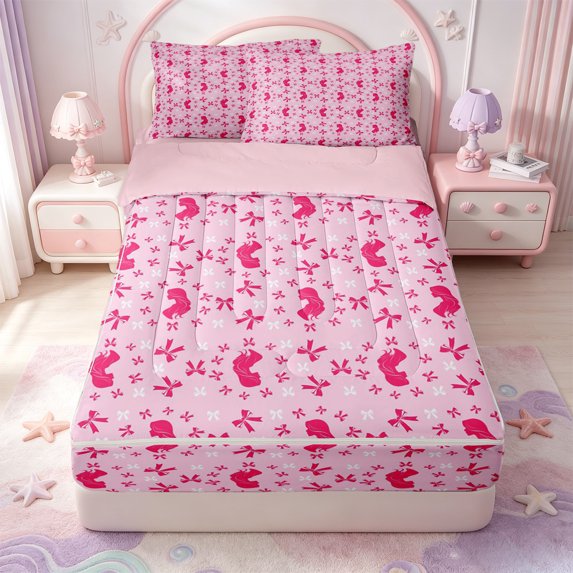 Manfei Dreamy Princess Bowtie Zipper Queen Comforter Set with Fitted Sheet and 2 Pillowcases,Kawaii Bow Knot Zipper Bedding Set,Pink Reversible,4pcs