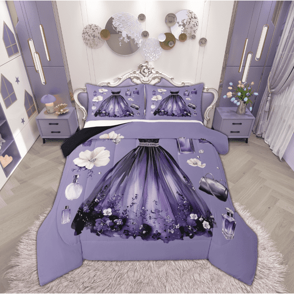 Manfei Dreamy Princess Dress Bedding Comforter Set for Girls, Flower Floral Twin Comforter Sets, Modern Fashion Reversible Bedding Set, Breathable Home Decor, 2pcs