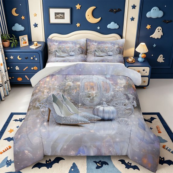 Manfei Dreamy Princess Style Full Size Comforter Sets,High-Heeled Shoes Bedding Comforter Set,Light Gray Reversible,3pcs,1 Comforter and 2 Pillowcases