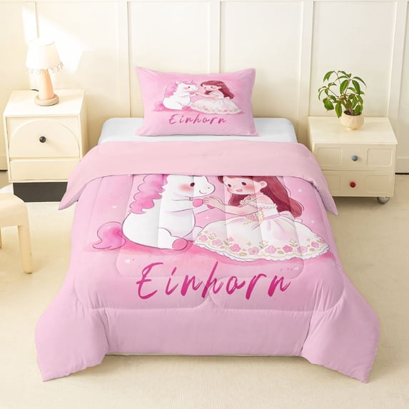 Manfei Dreamy Princess Twin Comforter Sets,Cute Unicorn Bedding Set,Pink,Pink Reversible,2pcs,1 Comforter and 1 Pillowcase