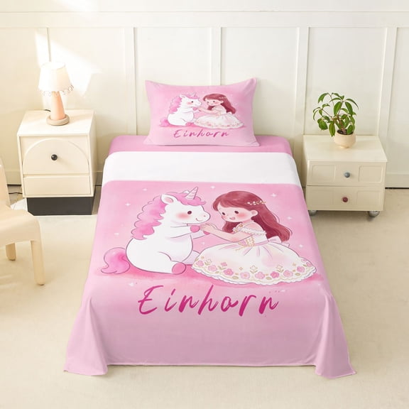 Manfei Dreamy Princess Twin Sheets,Cute Unicorn Bedding,Pink,3pcs,1 Fitted Sheet and 1 Pillowcase