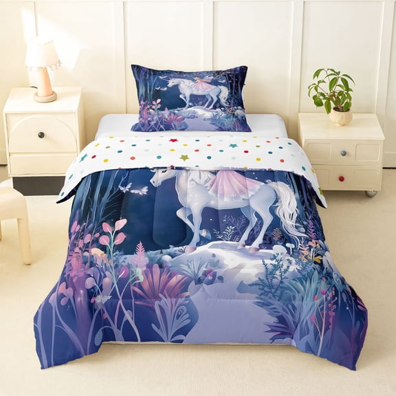 Manfei Dreamy Princess Unicorn Twin Comforter Sets,3D Magical Animal Bedding Set,Blue Purple Multicolor,Polkadot Reversible,2-Piece,1 Comforter and 1 Pillowcase