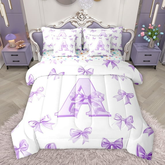 Homewish Dreamy Purple Bowknot Bedding Comforter Set 7pcs for Girl, Kawaii Initial A Letter Queen Bedding Sets, Princess Style Reversible Queen Sheet Sets, Microfiber Bedroom Decor