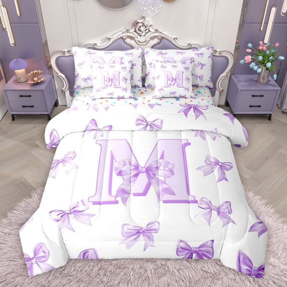 Homewish Dreamy Purple Bowknot Bedding Comforter Set 7pcs for Girl, Kawaii Initial M Letter King Bedding Sets, Princess Style Reversible Bed Sheets, Microfiber Bedroom Decor